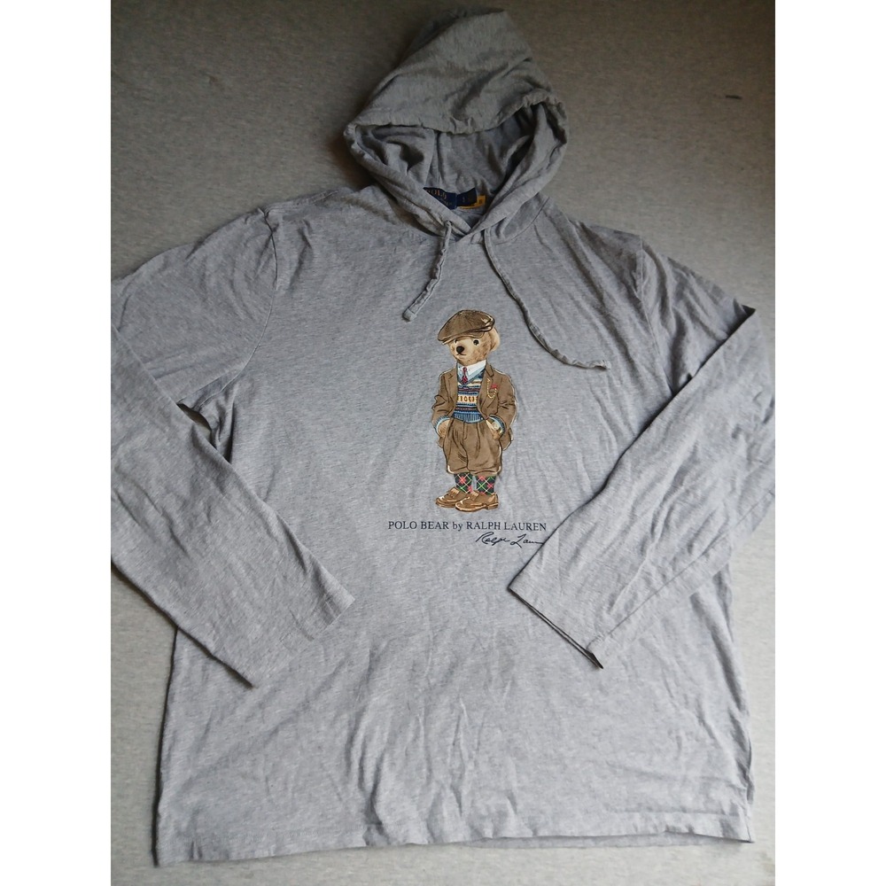 Ralph Lauren Hoodie Large Polo Bear Dapper Graphic Preppy Grey Pullover